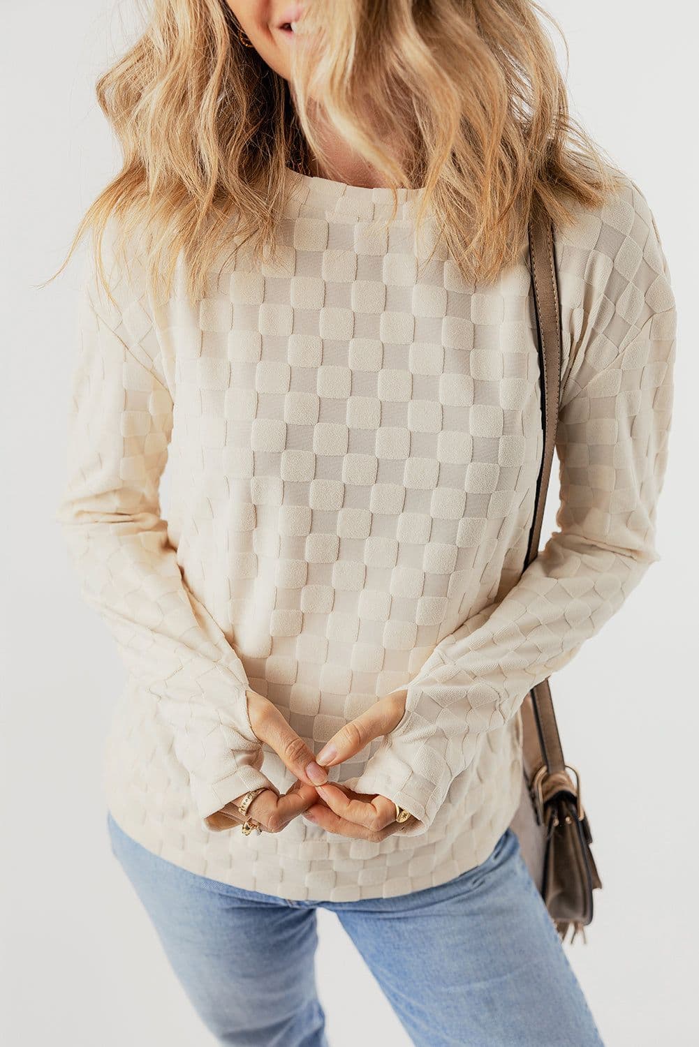 image-Beige Solid Textured Thumbhole Sleeve Top