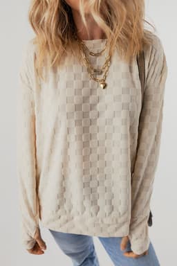 image-Beige Solid Textured Thumbhole Sleeve Top