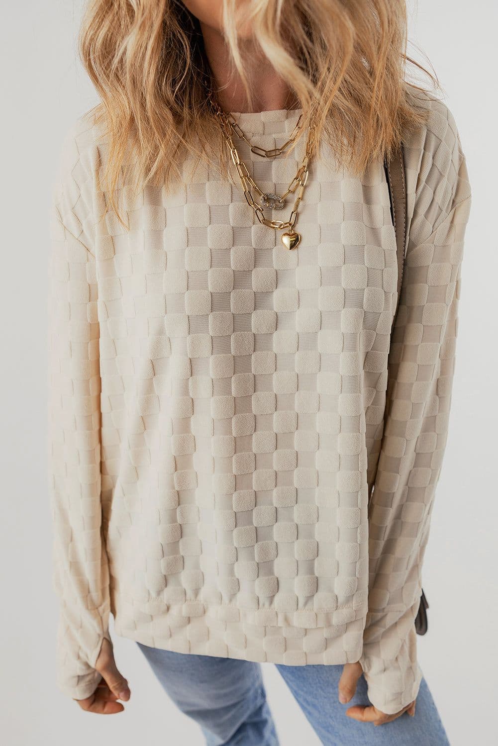 image-Beige Solid Textured Thumbhole Sleeve Top