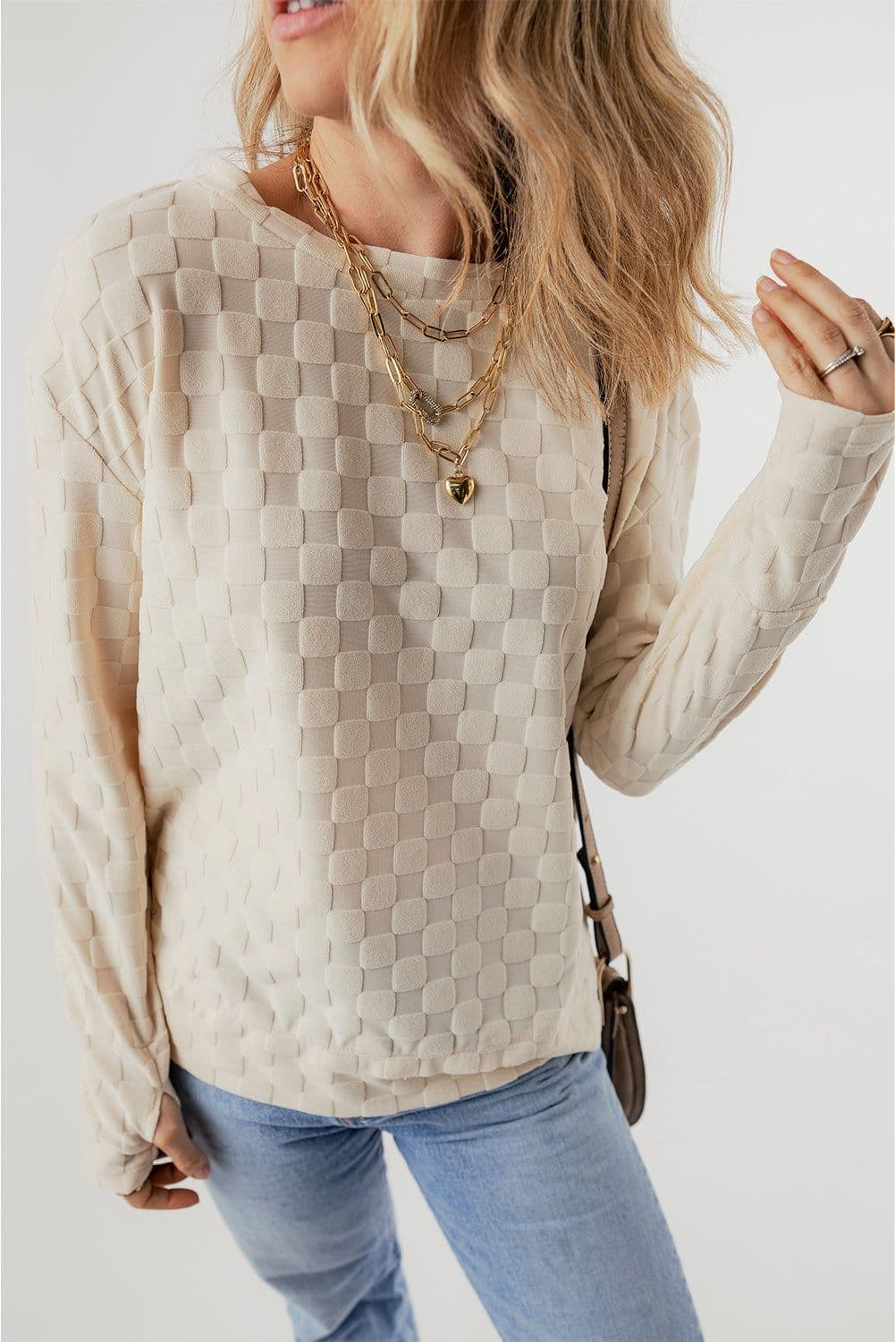 image-Beige Solid Textured Thumbhole Sleeve Top