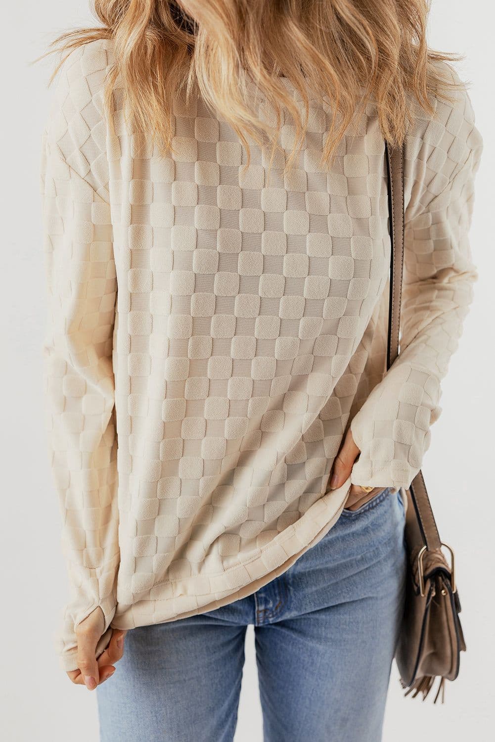 image-Beige Solid Textured Thumbhole Sleeve Top