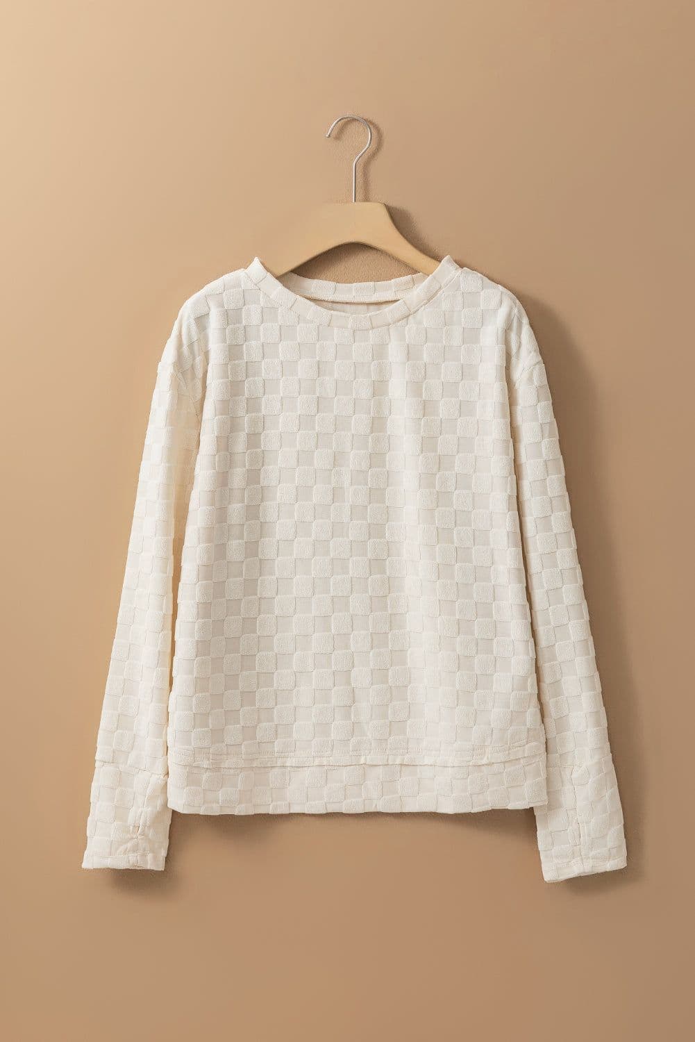 image-Beige Solid Textured Thumbhole Sleeve Top