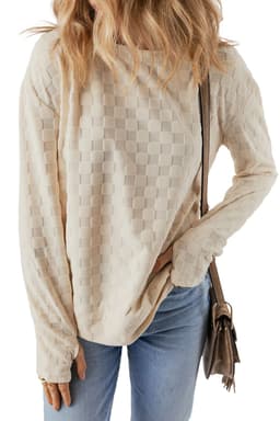 image-Beige Solid Textured Thumbhole Sleeve Top
