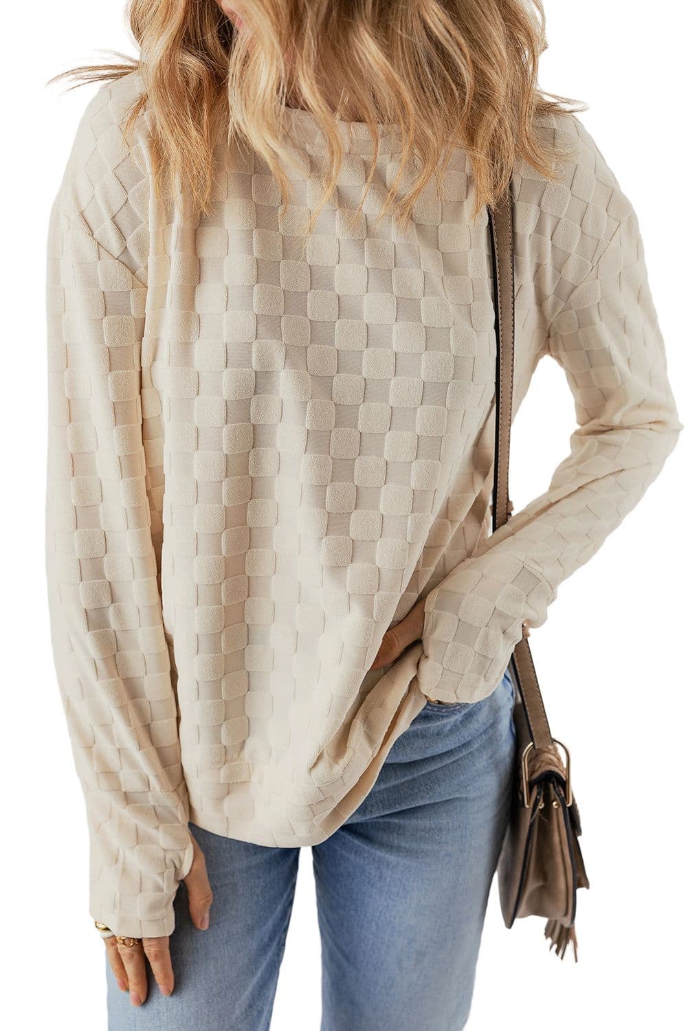 image-Beige Solid Textured Thumbhole Sleeve Top