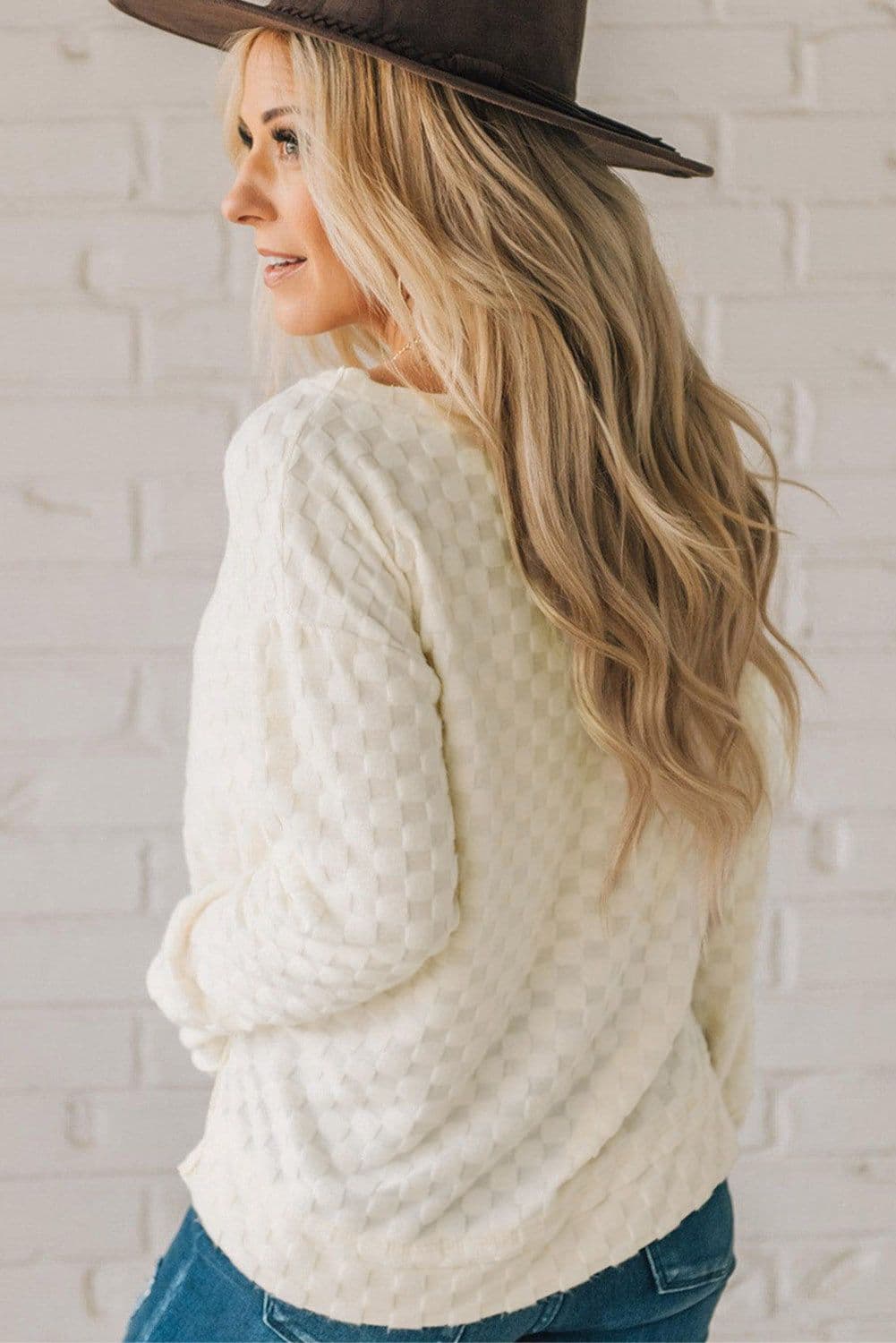 image-Beige Solid Textured Thumbhole Sleeve Top