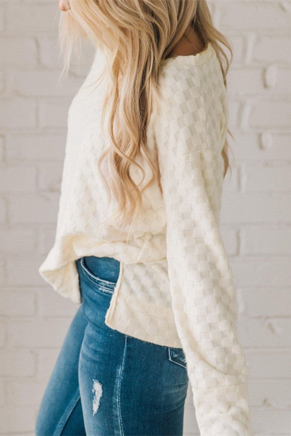 image-Beige Solid Textured Thumbhole Sleeve Top