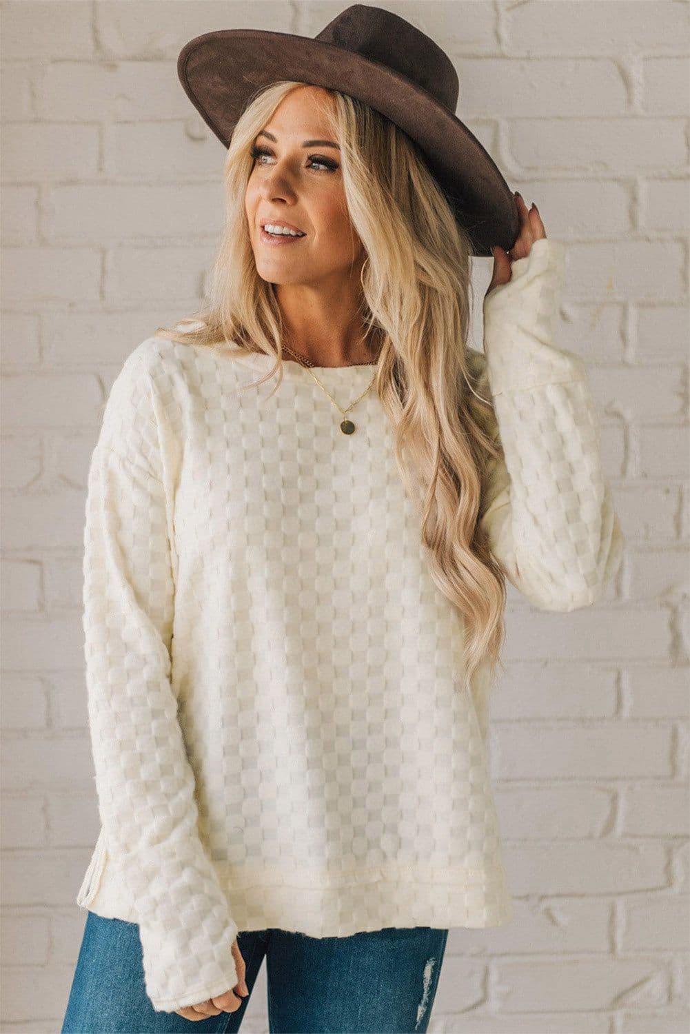image-Beige Solid Textured Thumbhole Sleeve Top