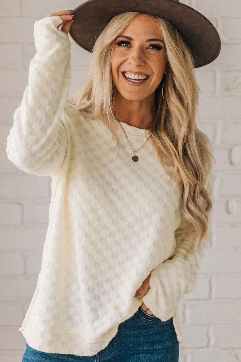 image-Beige Solid Textured Thumbhole Sleeve Top