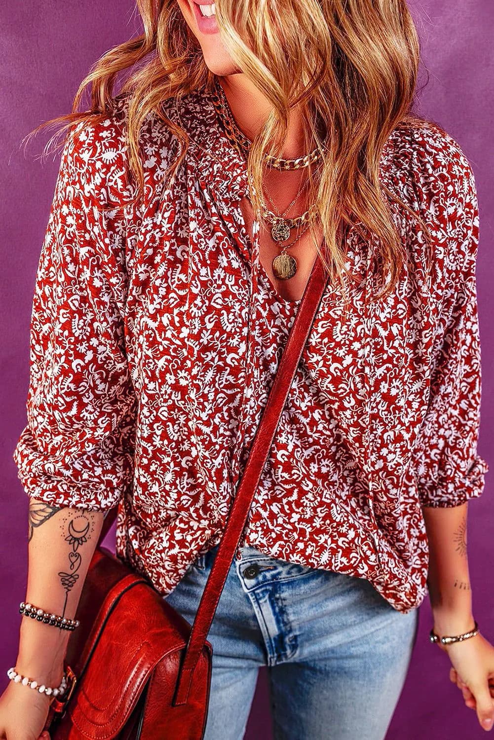 image-Russet Orange Floral Print Smocked Tie Neck Blouse