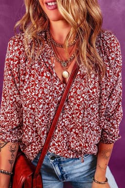 image-Russet Orange Floral Print Smocked Tie Neck Blouse