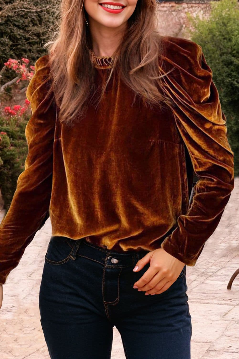 image-Chestnut Frilled Collar Puff Sleeve Velvet Top