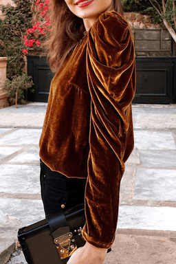 image-Chestnut Frilled Collar Puff Sleeve Velvet Top