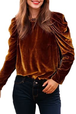 image-Chestnut Frilled Collar Puff Sleeve Velvet Top