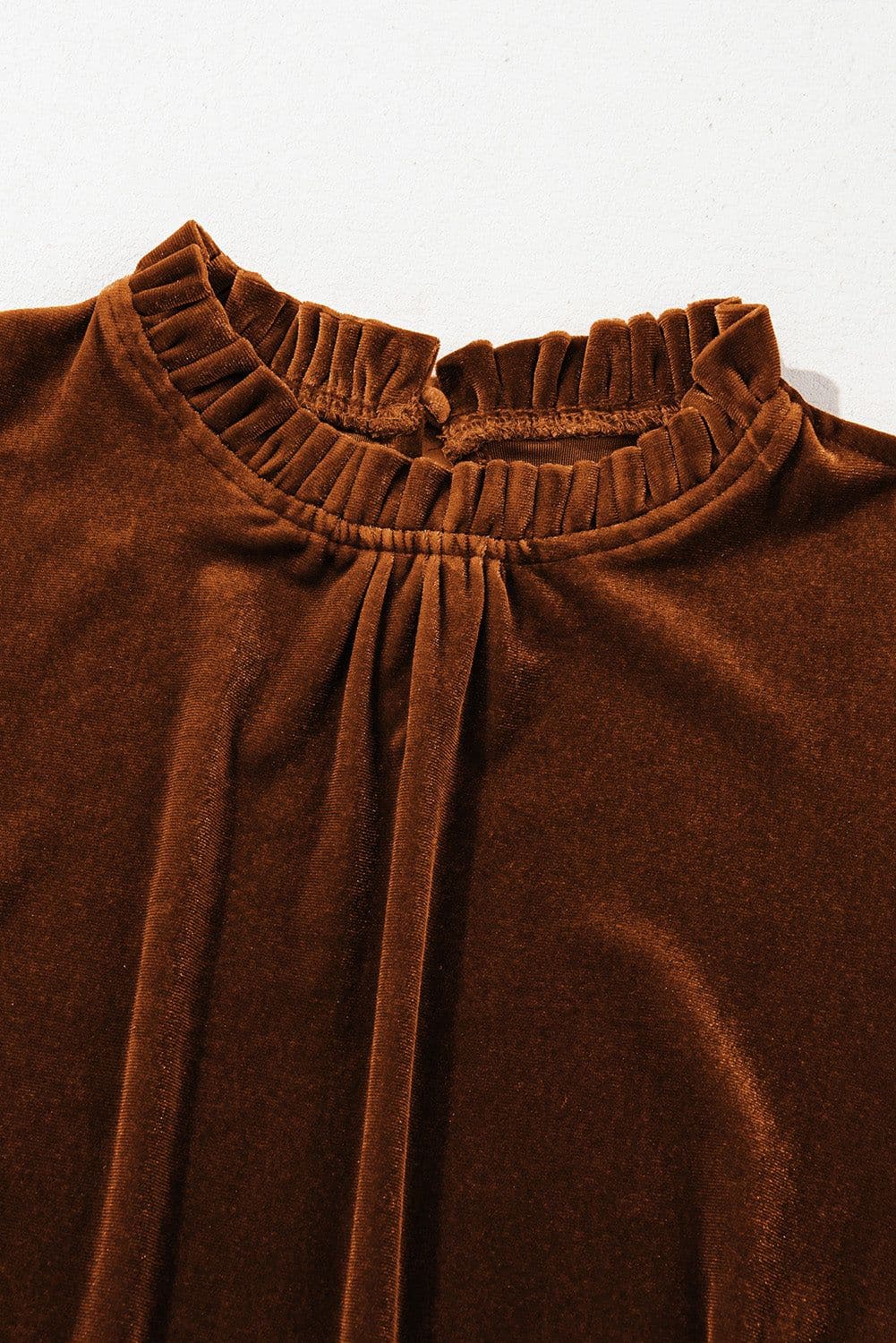 image-Chestnut Frilled Collar Puff Sleeve Velvet Top