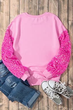 image-Pink Sequin Patchwork Long Sleeve Pullover Top