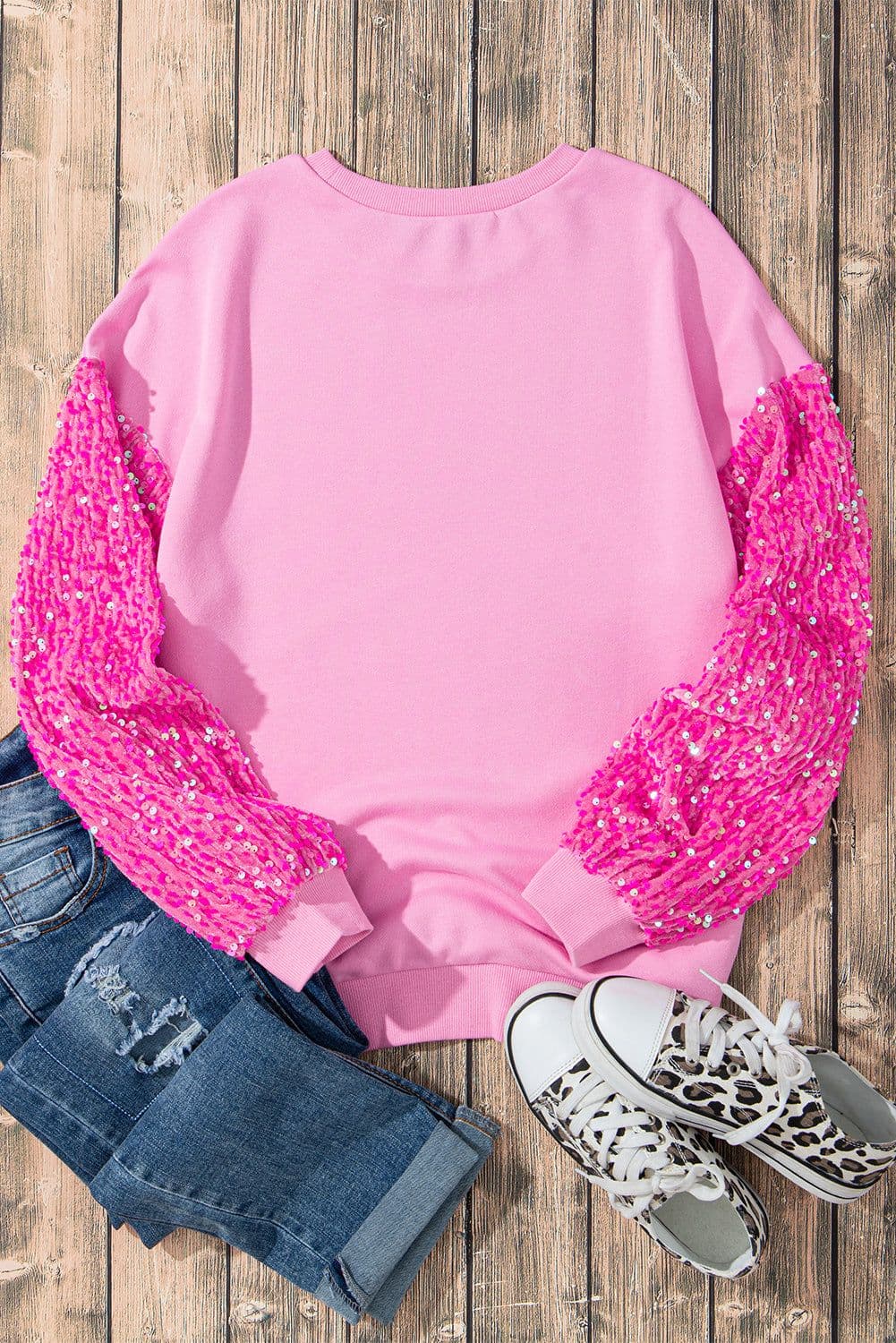 image-Pink Sequin Patchwork Long Sleeve Pullover Top