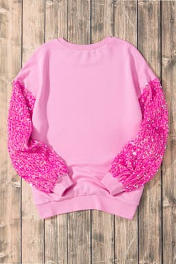 image-Pink Sequin Patchwork Long Sleeve Pullover Top