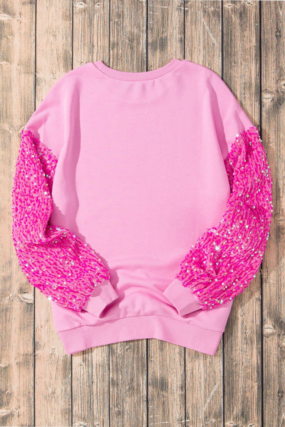 image-Pink Sequin Patchwork Long Sleeve Pullover Top
