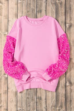 image-Pink Sequin Patchwork Long Sleeve Pullover Top