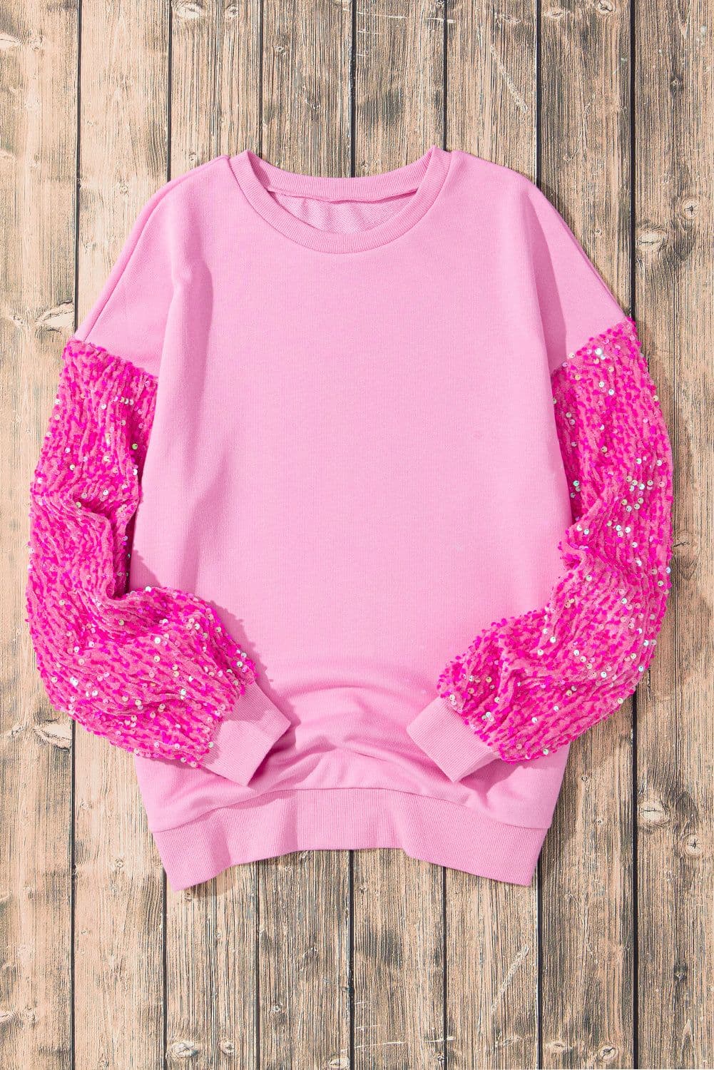 image-Pink Sequin Patchwork Long Sleeve Pullover Top