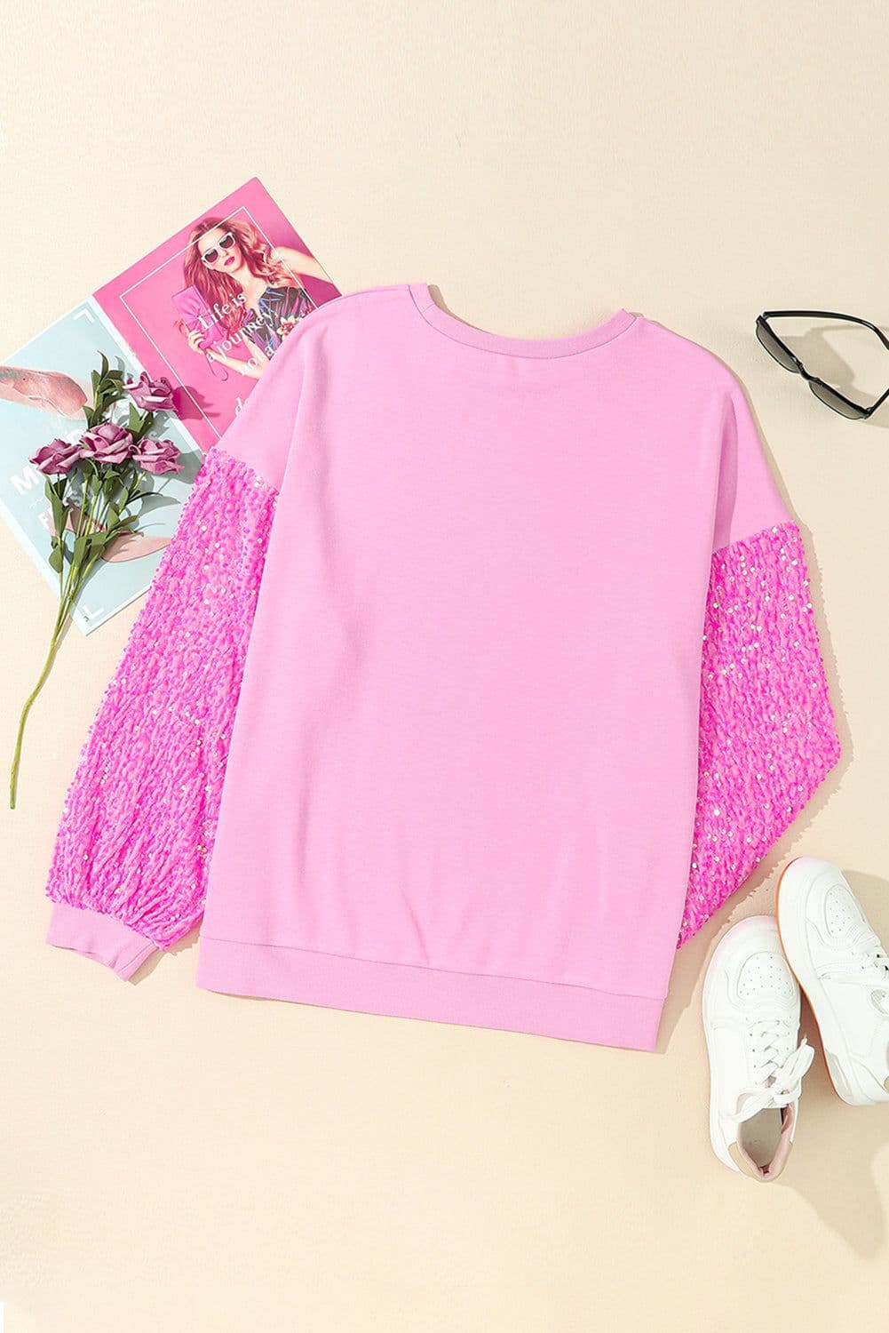 image-Pink Sequin Patchwork Long Sleeve Pullover Top