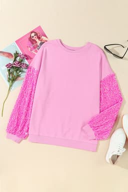 image-Pink Sequin Patchwork Long Sleeve Pullover Top