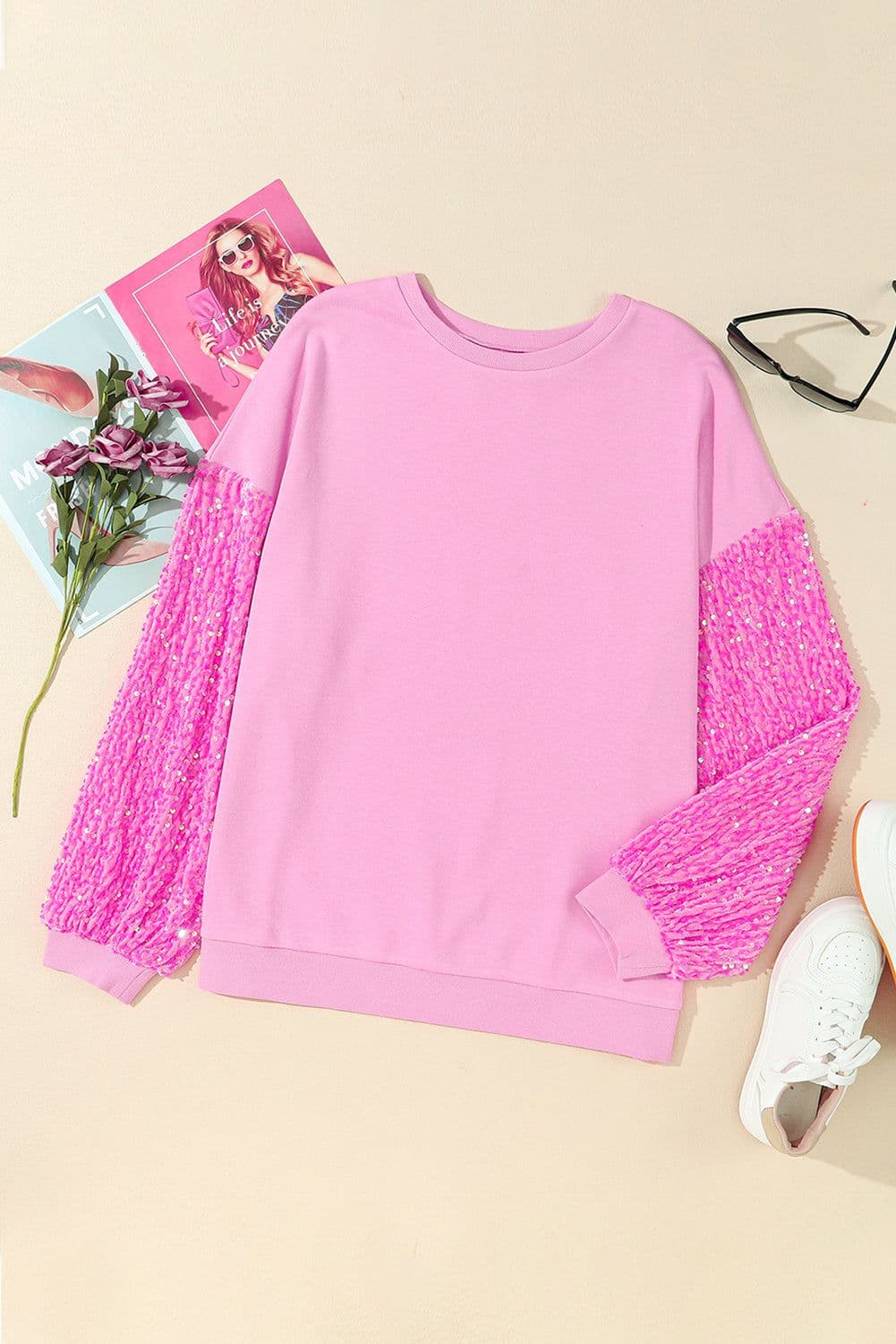 image-Pink Sequin Patchwork Long Sleeve Pullover Top