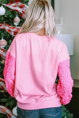 image-Pink Sequin Patchwork Long Sleeve Pullover Top