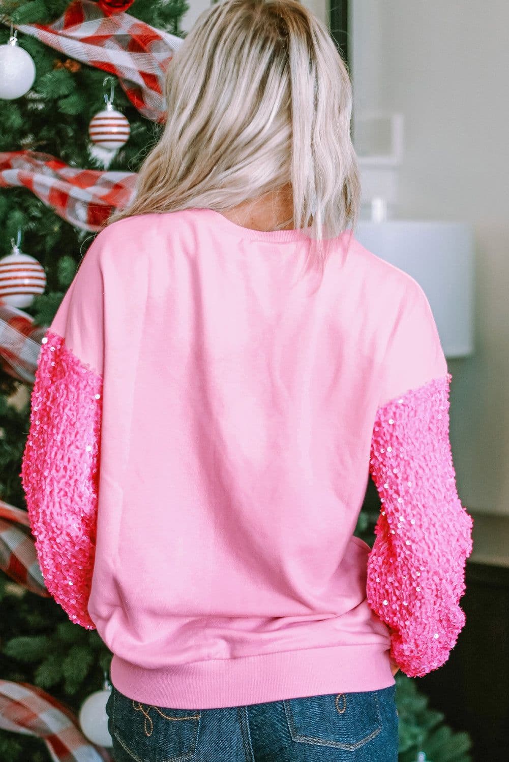 image-Pink Sequin Patchwork Long Sleeve Pullover Top