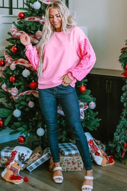 image-Pink Sequin Patchwork Long Sleeve Pullover Top