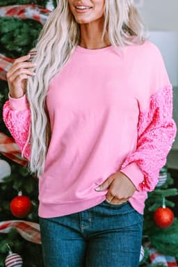 image-Pink Sequin Patchwork Long Sleeve Pullover Top