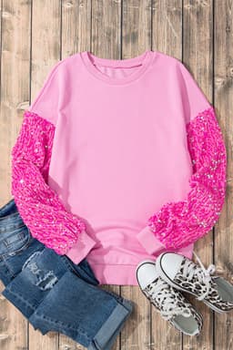 image-Pink Sequin Patchwork Long Sleeve Pullover Top