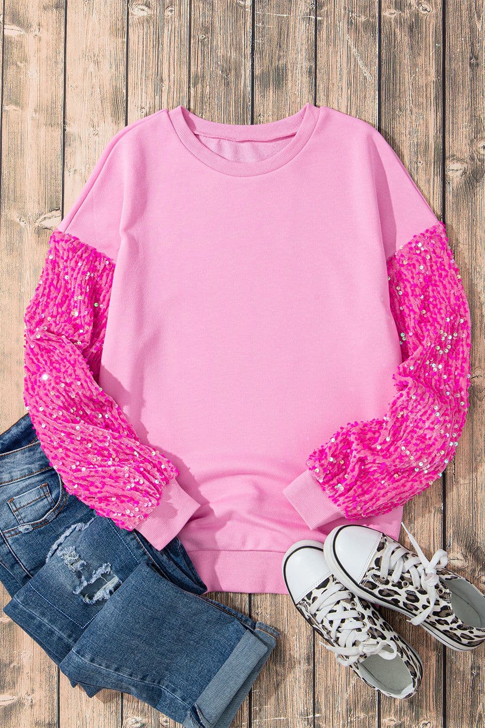 image-Pink Sequin Patchwork Long Sleeve Pullover Top