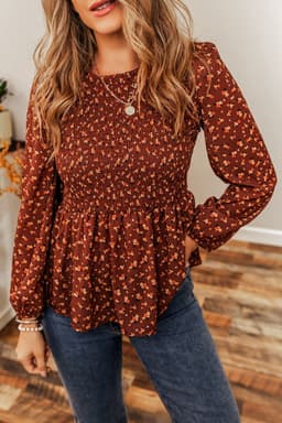 image-Boho Floral Smocked Bust Ruffled Peplum Blouse