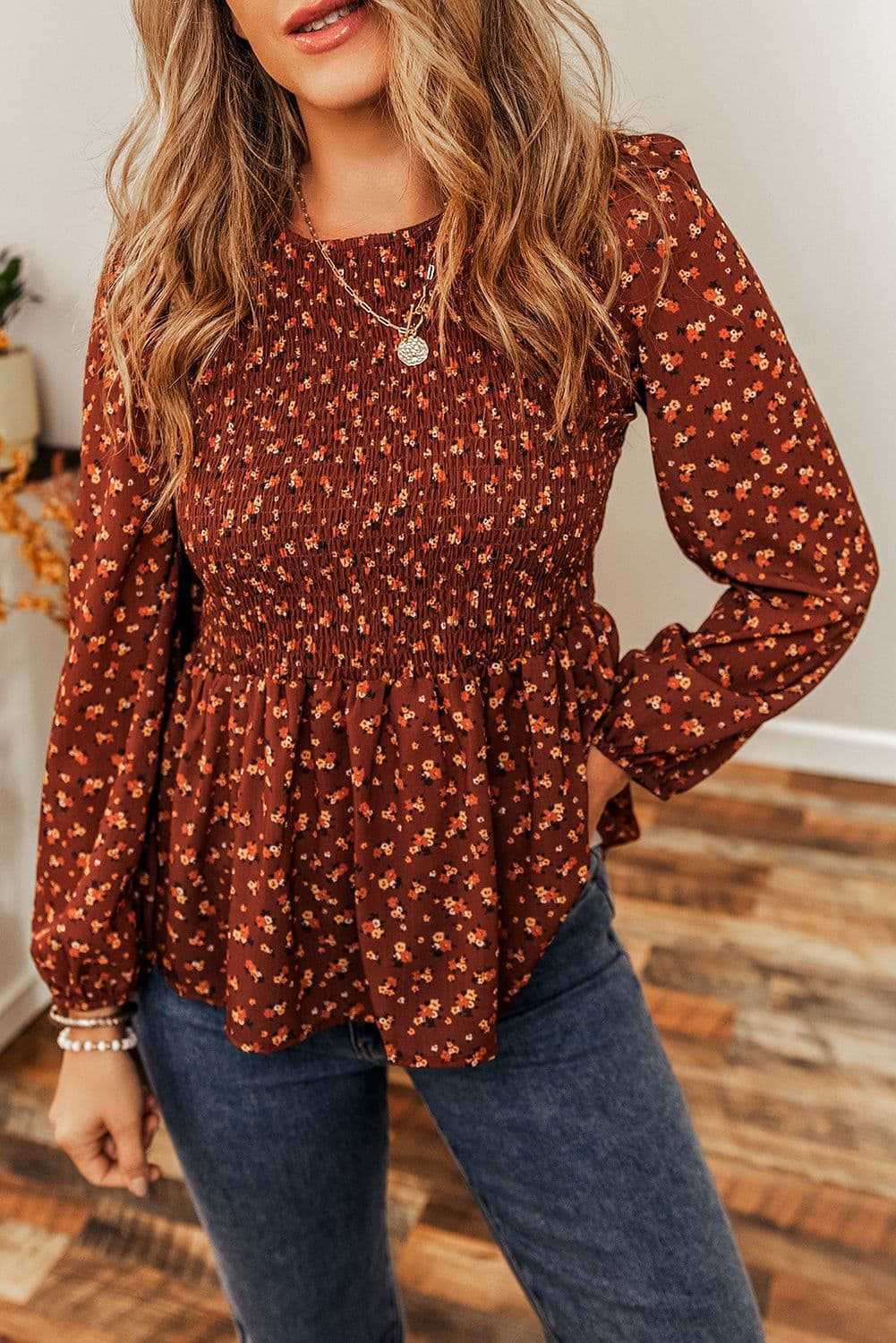 image-Boho Floral Smocked Bust Ruffled Peplum Blouse