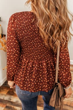 image-Boho Floral Smocked Bust Ruffled Peplum Blouse