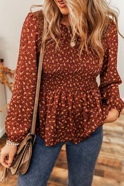 image-Boho Floral Smocked Bust Ruffled Peplum Blouse