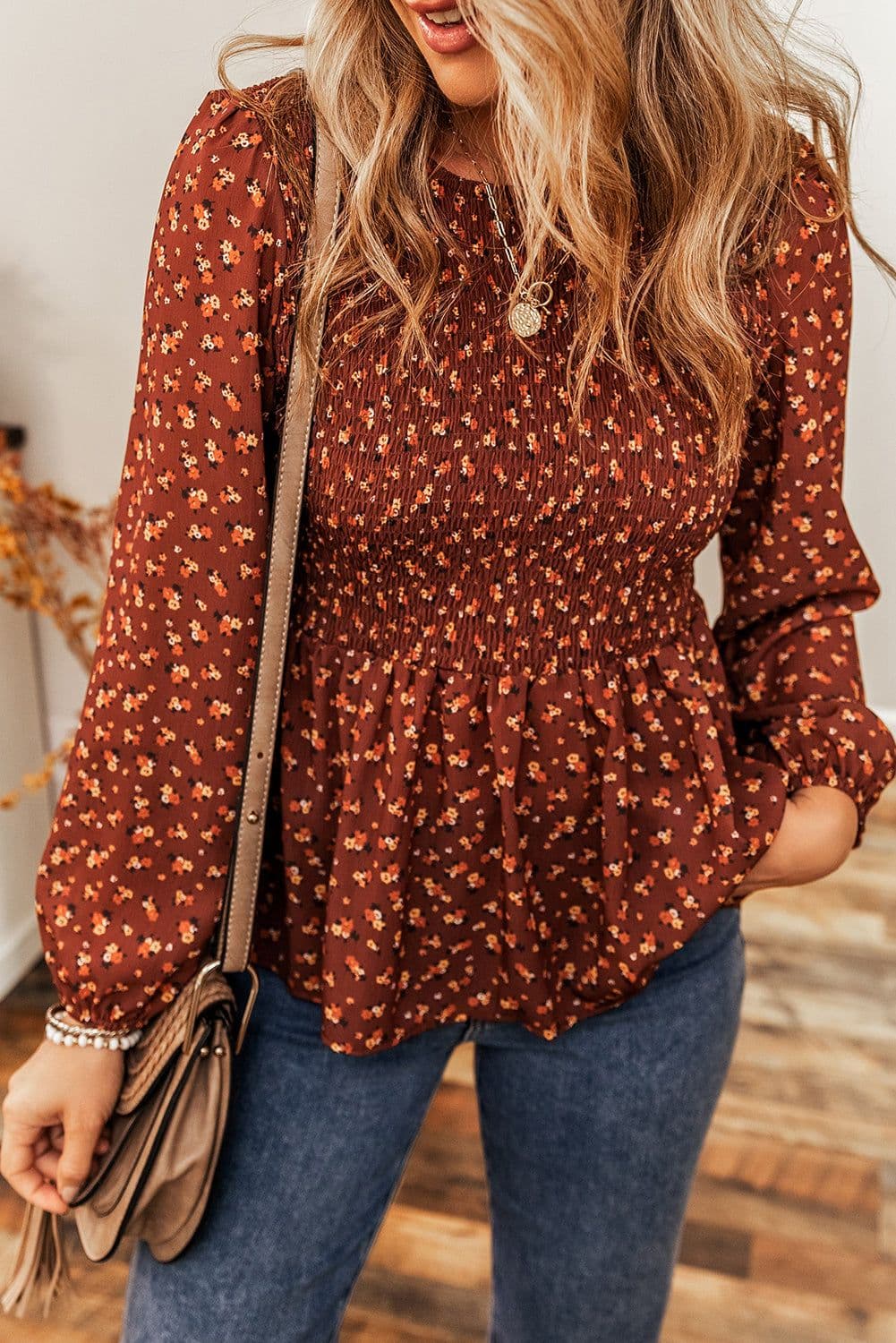 image-Boho Floral Smocked Bust Ruffled Peplum Blouse