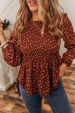 image-Boho Floral Smocked Bust Ruffled Peplum Blouse