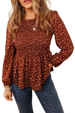 image-Boho Floral Smocked Bust Ruffled Peplum Blouse