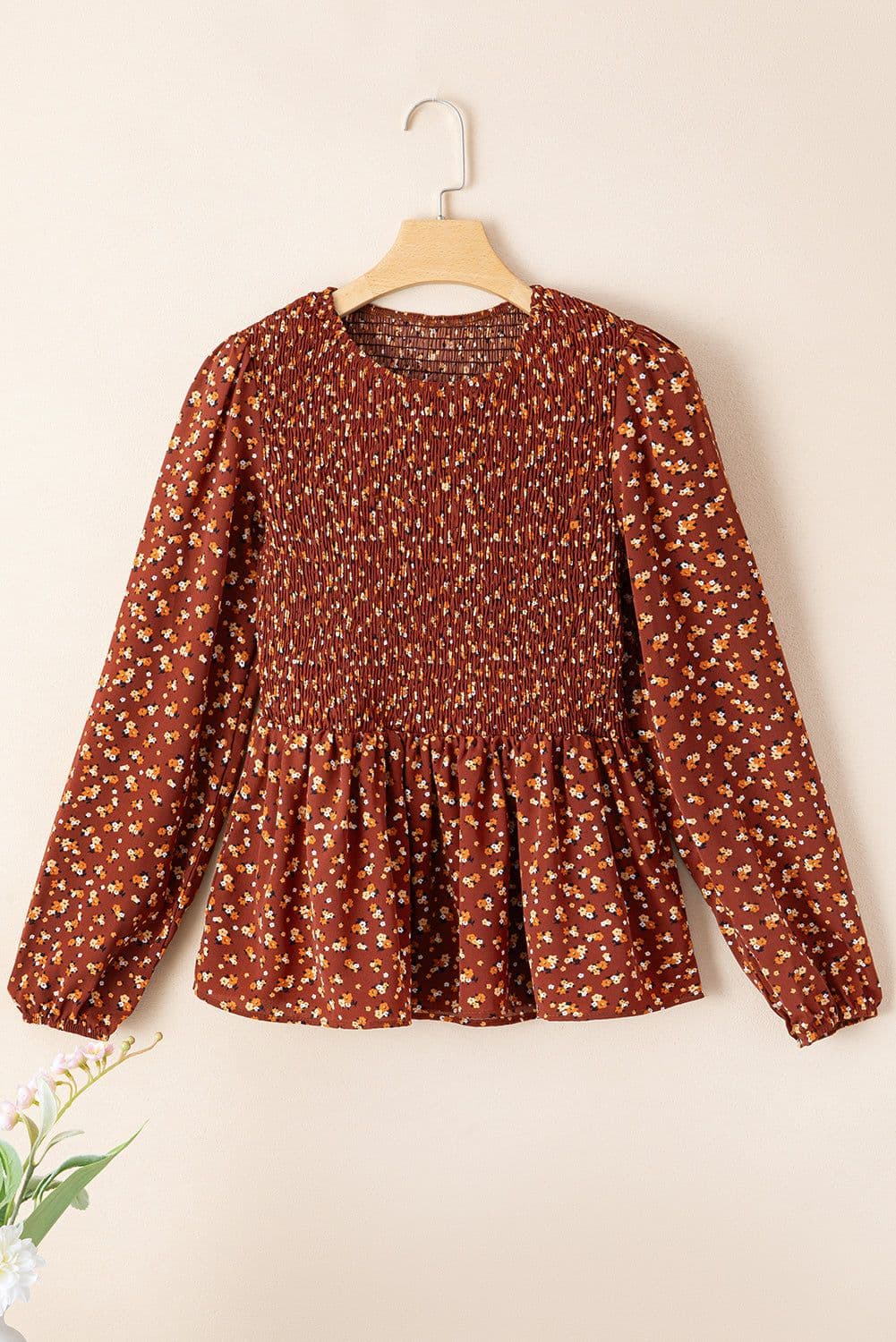image-Boho Floral Smocked Bust Ruffled Peplum Blouse