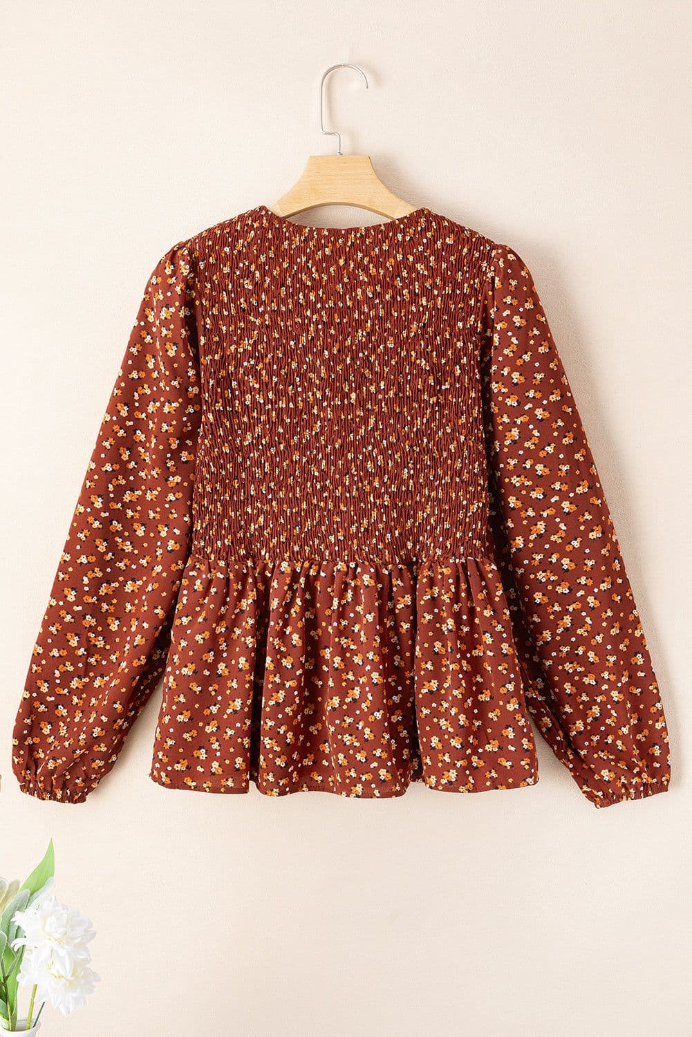 image-Boho Floral Smocked Bust Ruffled Peplum Blouse