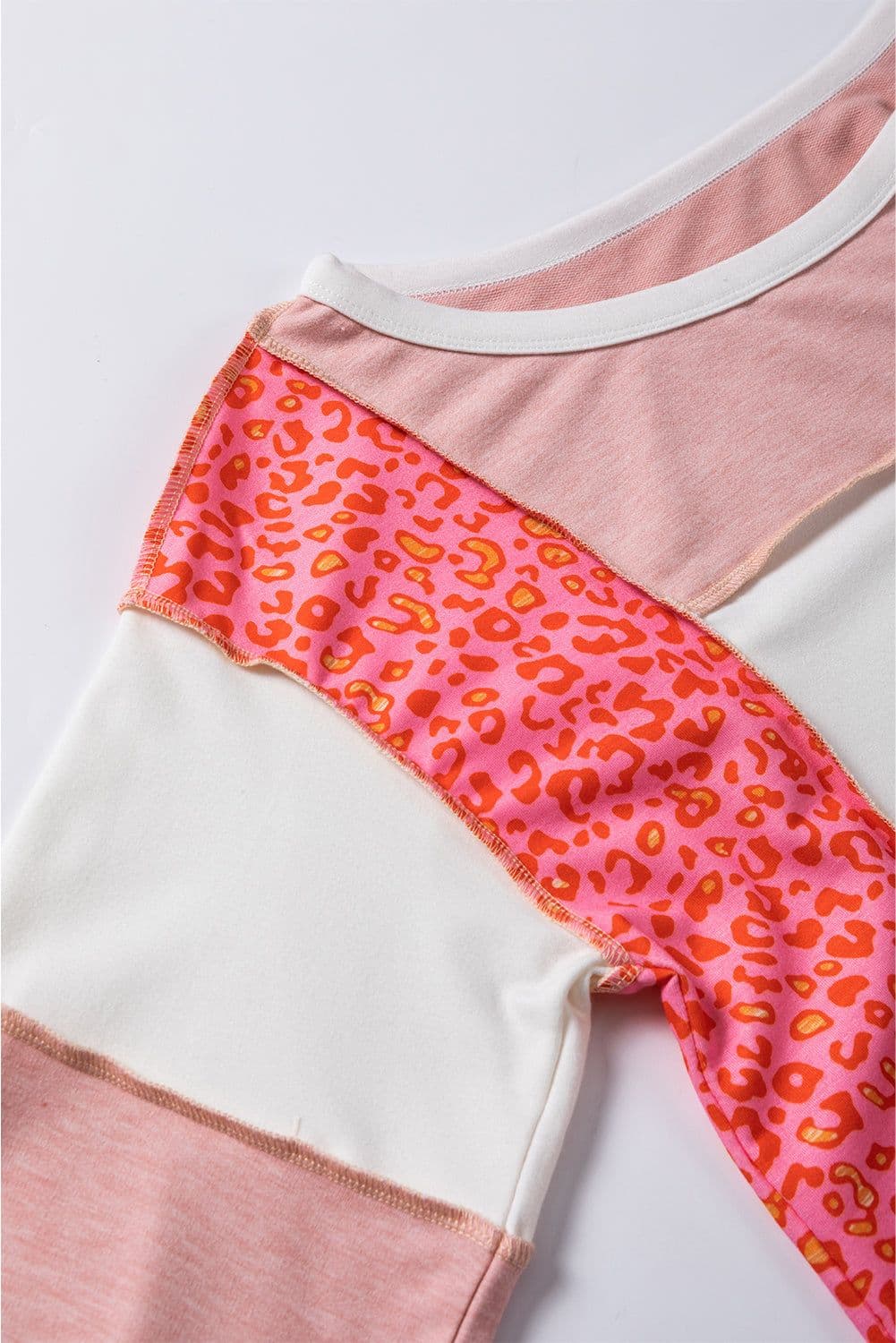 image-Peach Blossom Leopard Colorblock Patchwork Exposed Seam Top