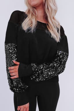 image-Black Sequin Patchwork Lantern Sleeve Blouse