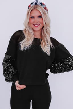 image-Black Sequin Patchwork Lantern Sleeve Blouse