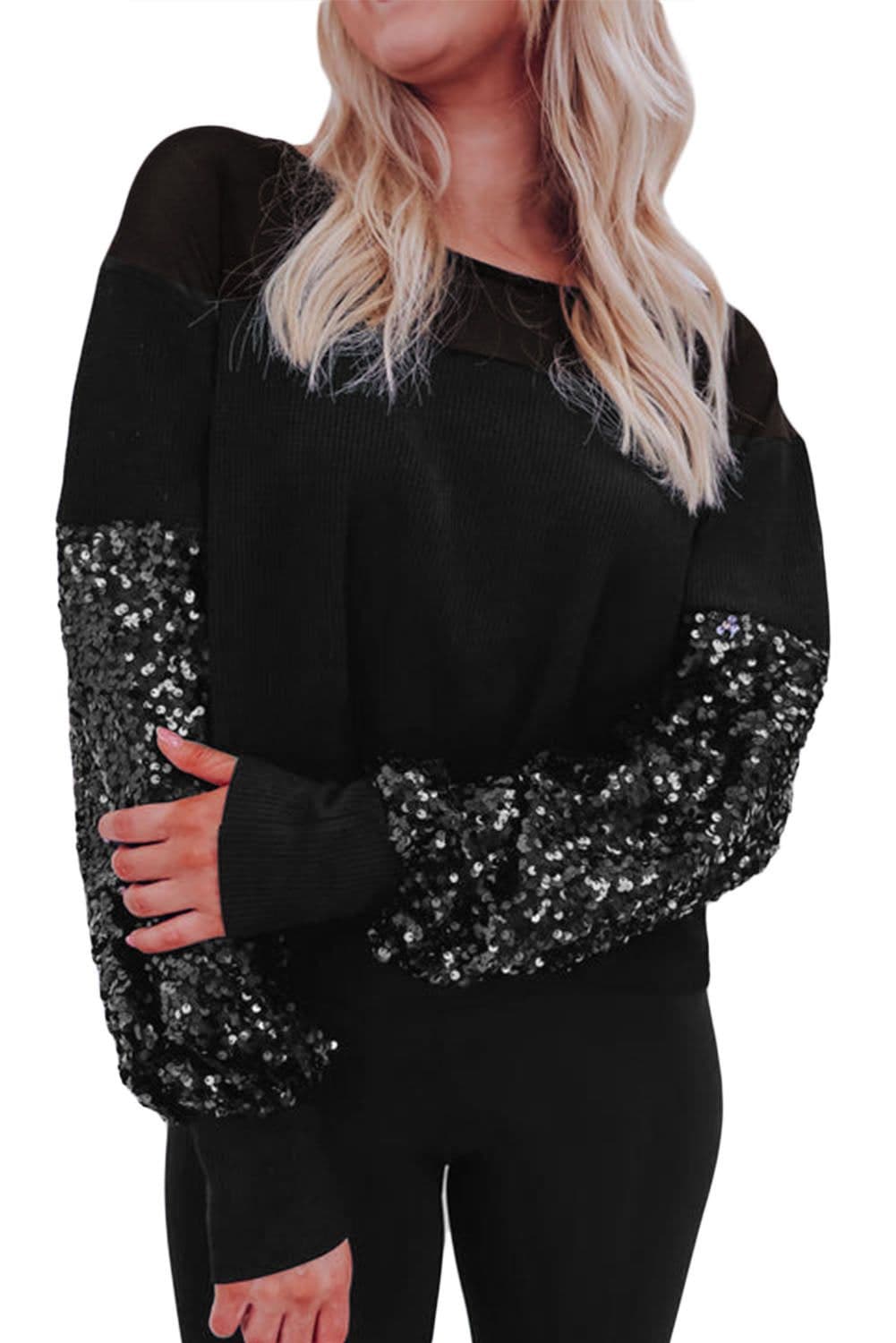 image-Black Sequin Patchwork Lantern Sleeve Blouse