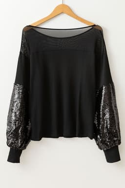 image-Black Sequin Patchwork Lantern Sleeve Blouse
