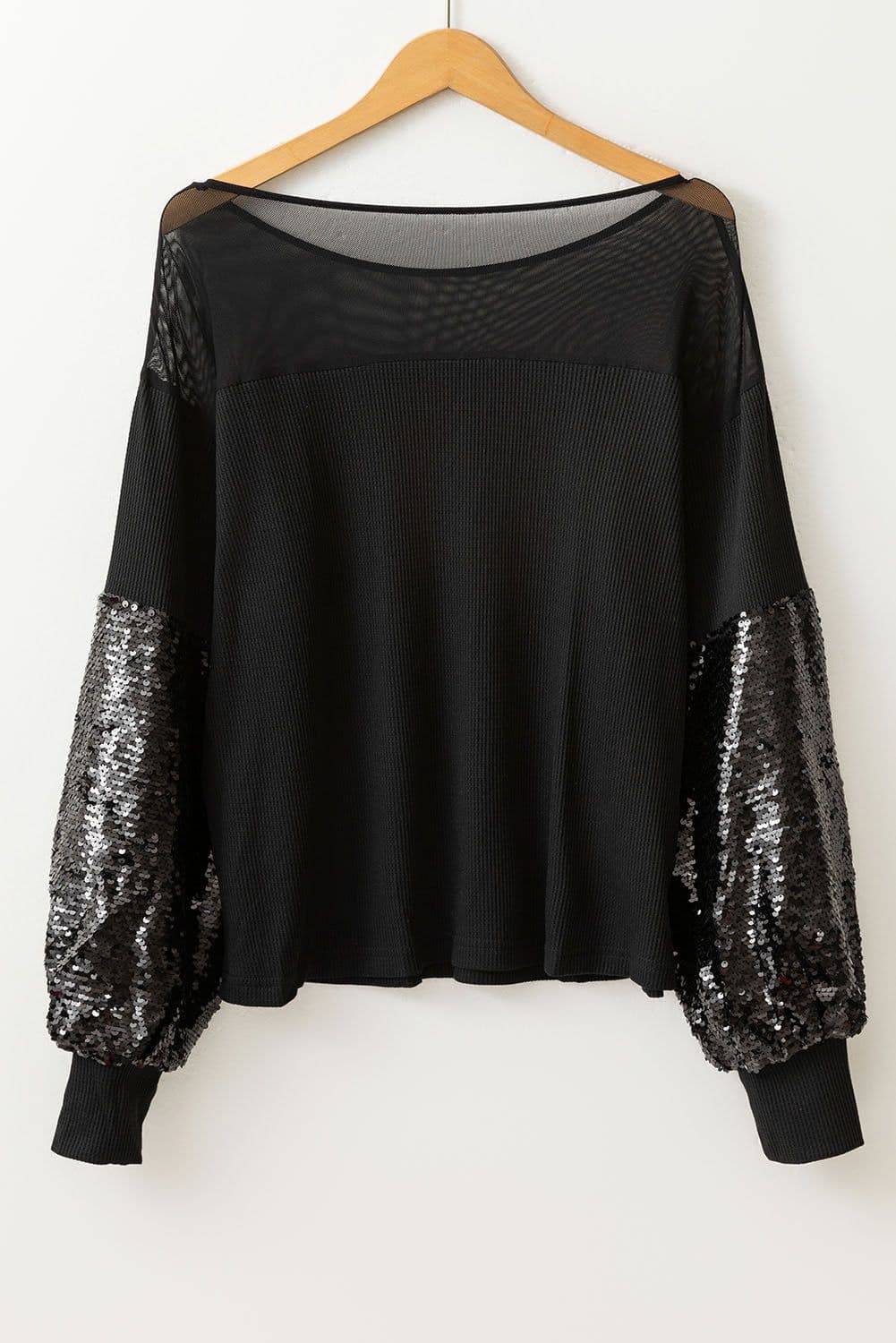 image-Black Sequin Patchwork Lantern Sleeve Blouse