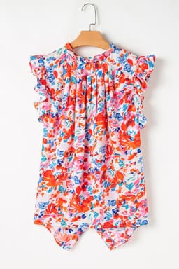 image-Red Frilled Neck Pleated Boho Floral Tank Top