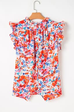 image-Red Frilled Neck Pleated Boho Floral Tank Top